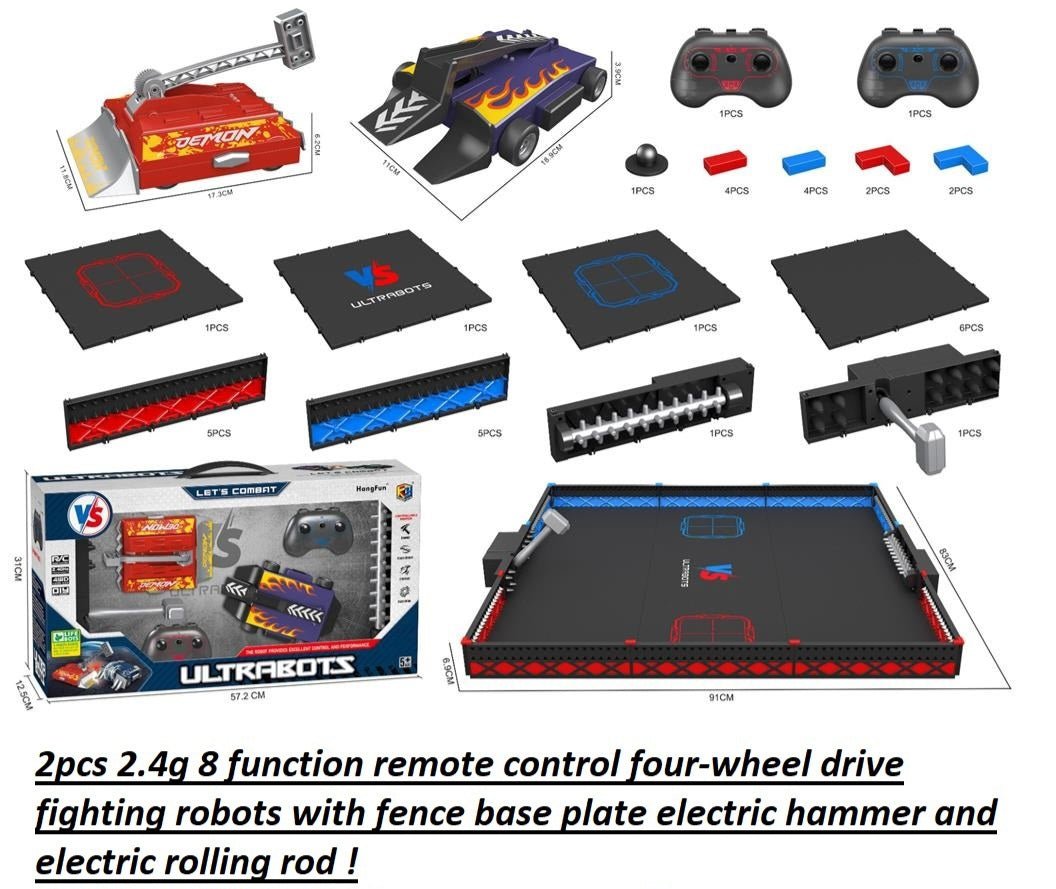 Ultrabots 2.4G RC Fighting Robot Arena Set – Dual 4WD Battle Cars with Electric Hammer & Rolling Rod