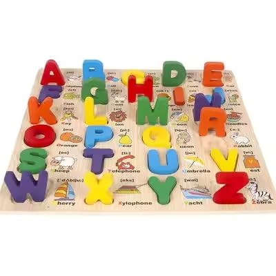Wooden Alphabet Learning Board A–Z with Picture Words – Kids Educational Puzzle