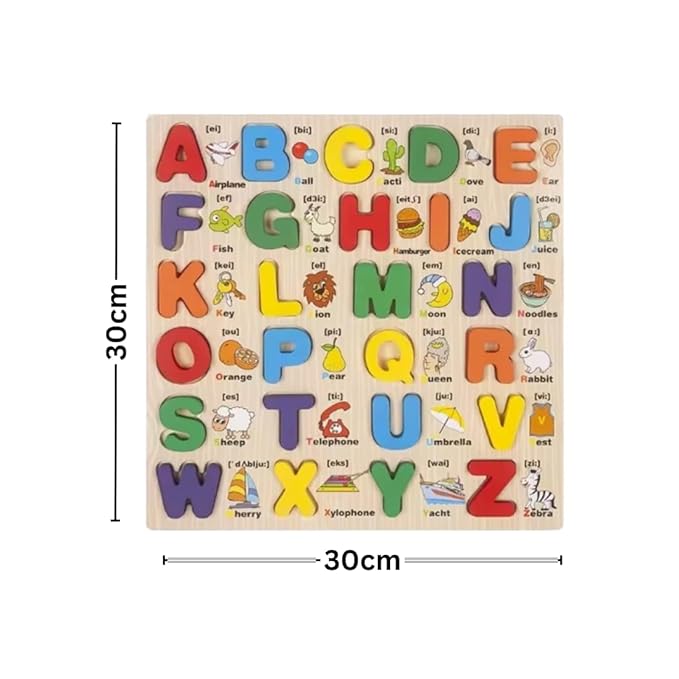 Wooden Alphabet Learning Board A–Z with Picture Words – Kids Educational Puzzle