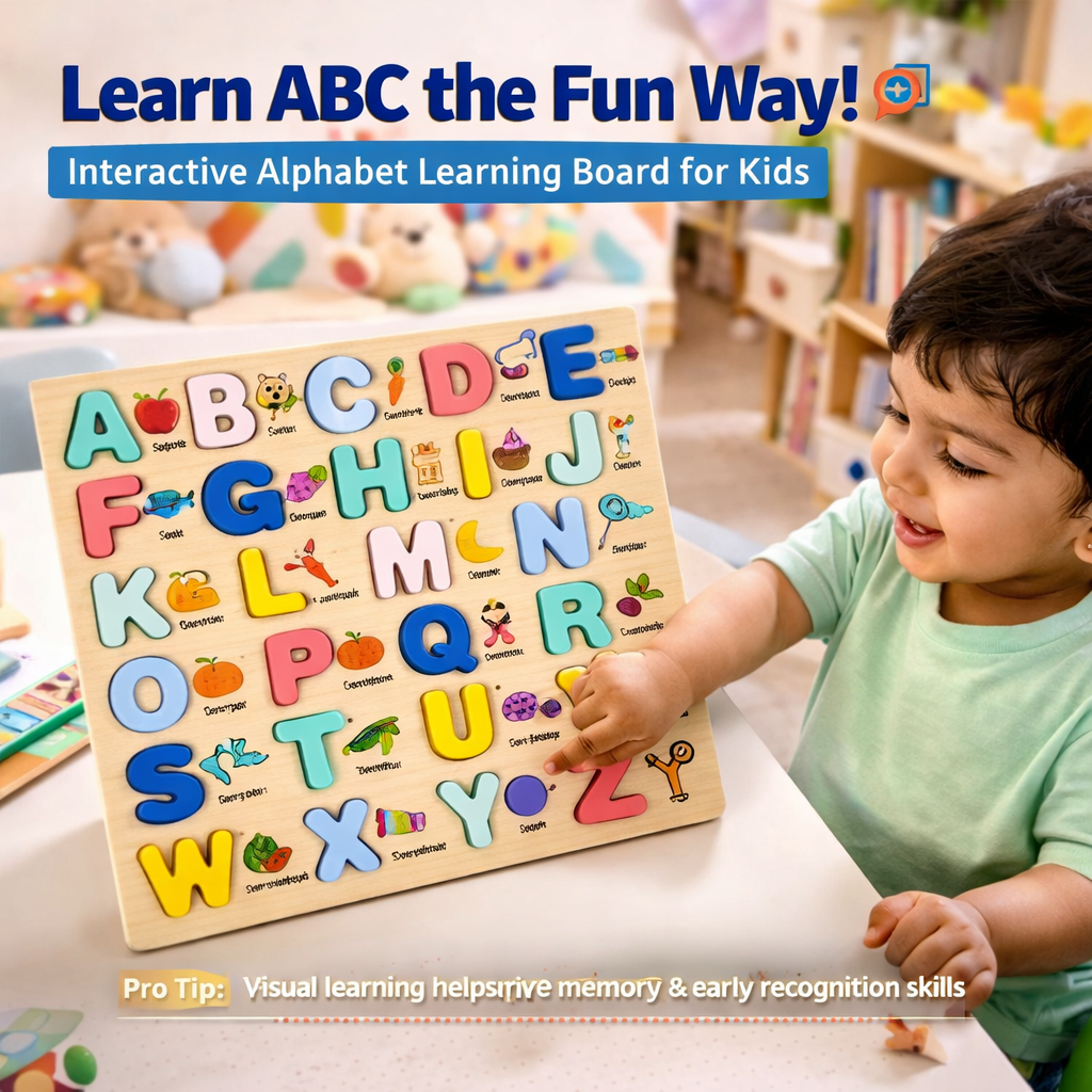 Wooden Alphabet Learning Board A–Z with Picture Words – Kids Educational Puzzle