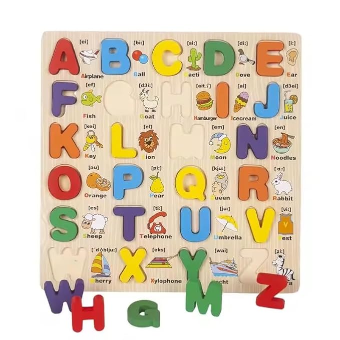 Wooden Alphabet Learning Board A–Z with Picture Words – Kids Educational Puzzle