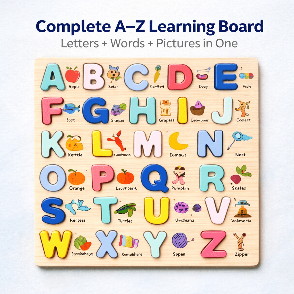 Wooden Alphabet Learning Board A–Z with Picture Words – Kids Educational Puzzle